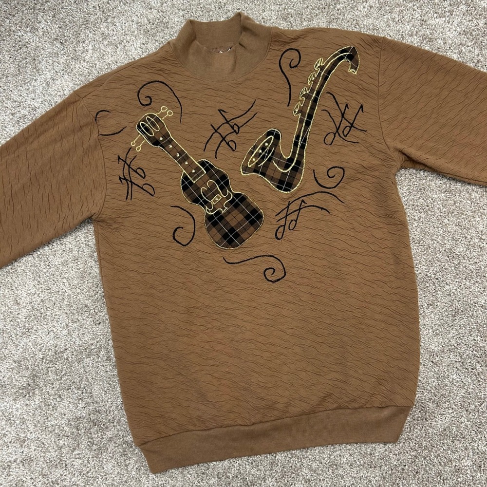 Vintage Donna Toran Textured Sweatshirt‎ Women Size Large Guitar Saxophone Music